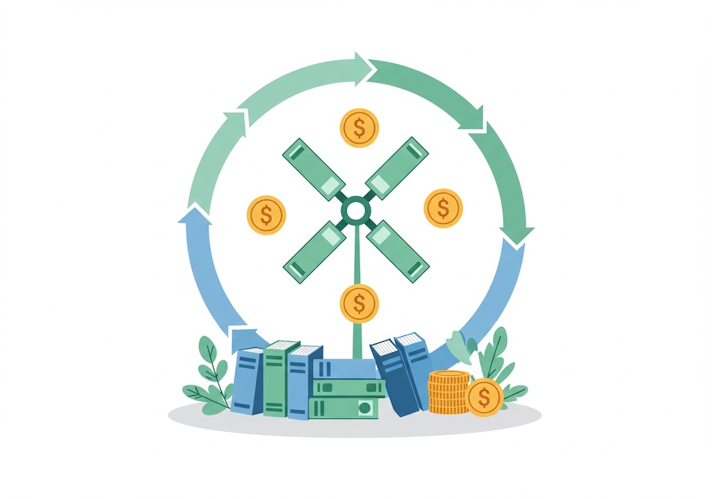 매달 예금을 쌓아 풍차처럼 굴리는 모습